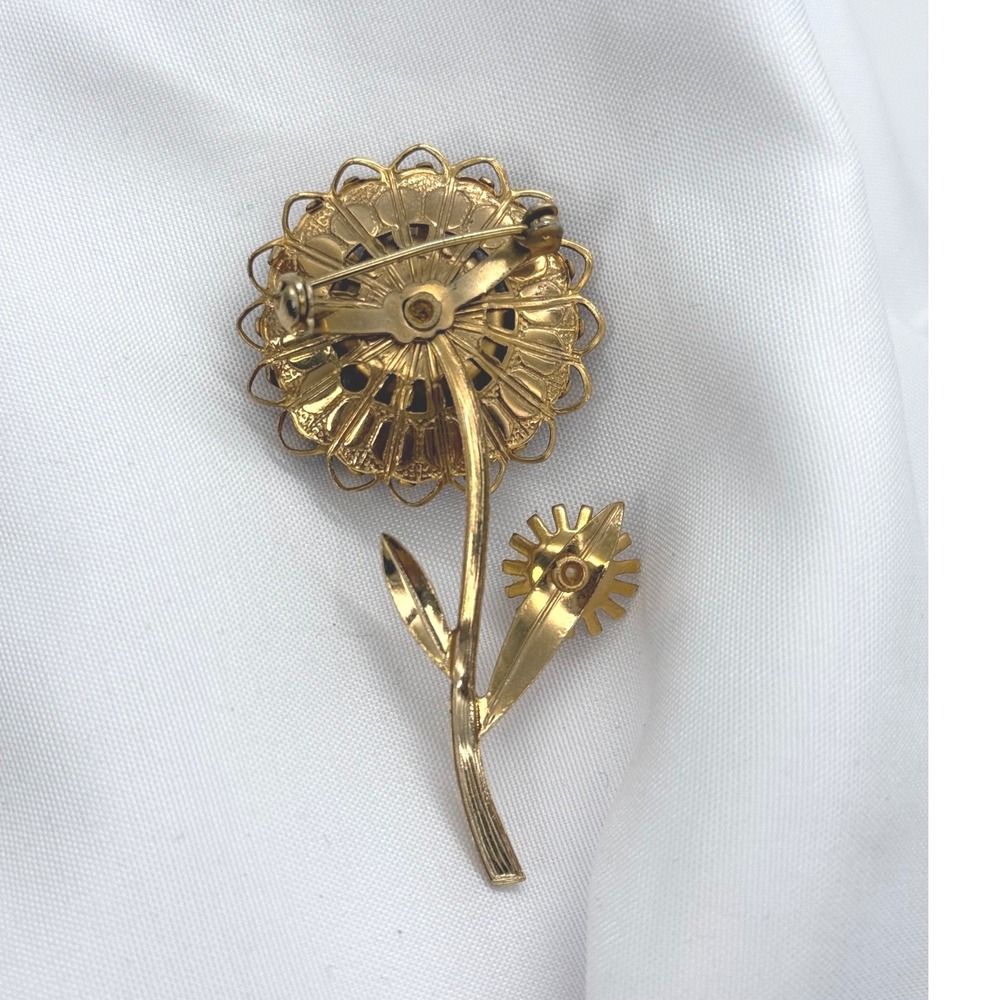 Vintage Gold Tone Flower Brooch Faux Pearl Rhinestone Double Bloom Floral Pin - Picture 3 of 5